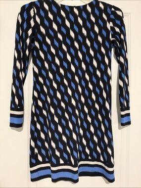 Michael Kors Black, White & Blue Diagonal Stripe Long Sleeve Dress